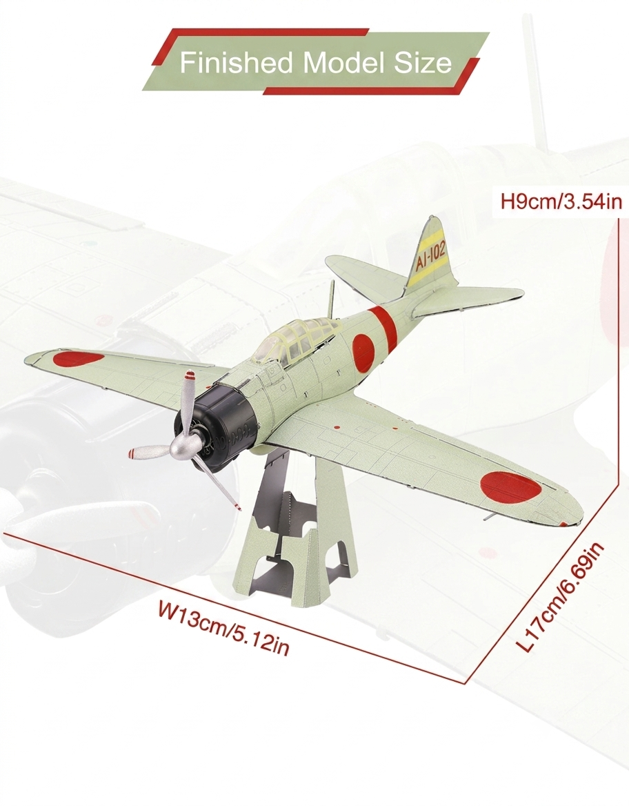 Dimension chart for finished Piececool Mitsubishi A6M Zero metal puzzle model showing length, width, and height