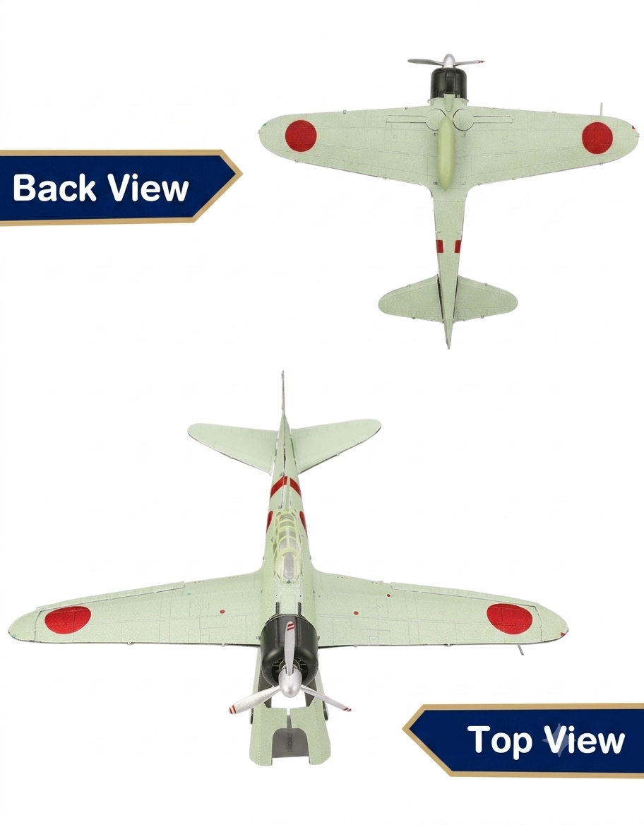 Top and bottom views of assembled Mitsubishi A6M Zero 3D metal airplane showing detailed wings and propeller