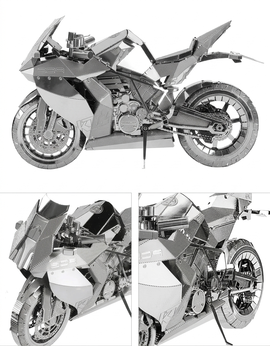 Close-up details of the intricate stainless steel engine, frame, and bodywork on the motorcycle puzzle