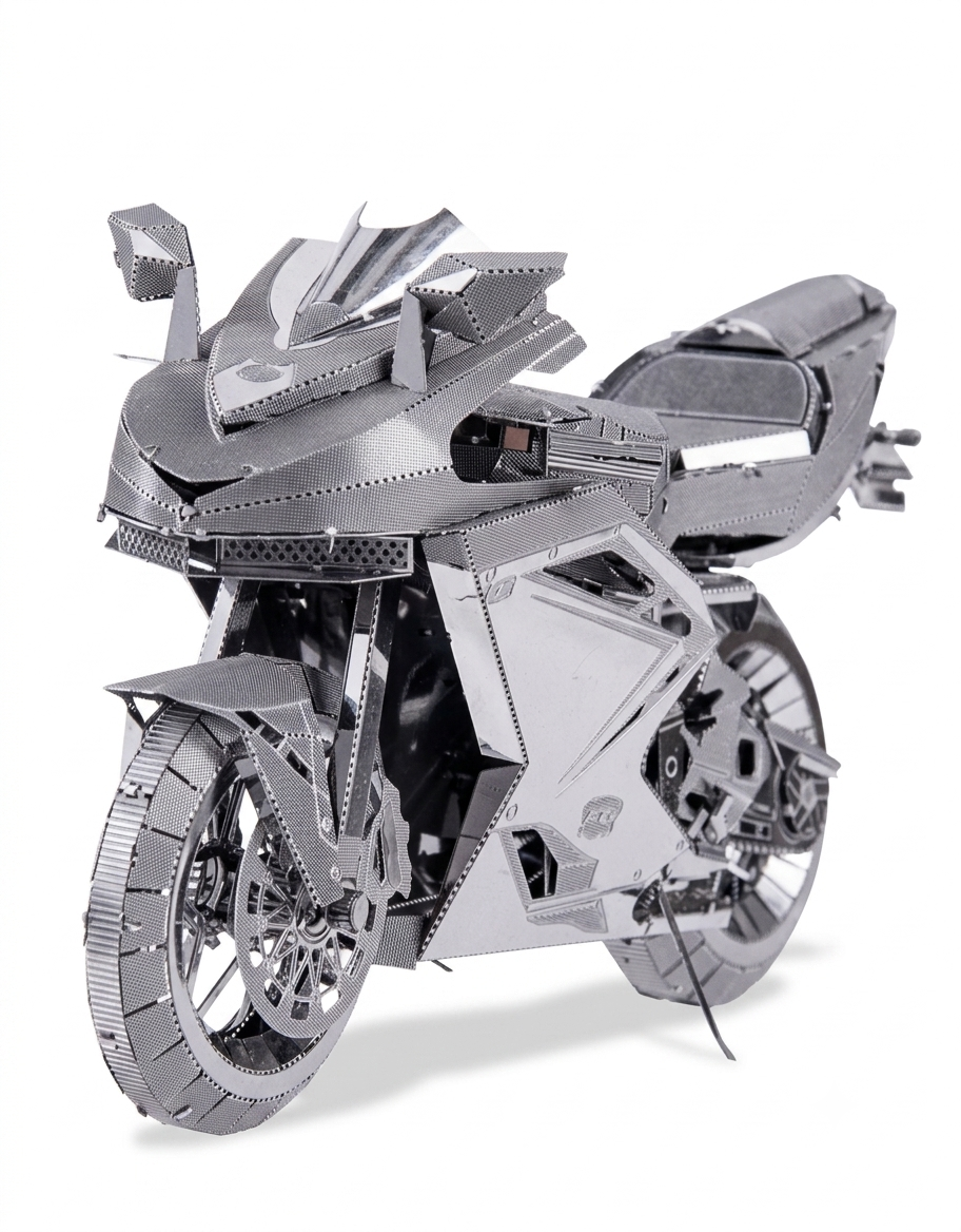 Assembled Piececool Motorcycle II 3D metal model kit showing front three-quarter angle