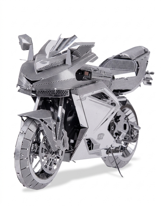 Assembled Piececool Motorcycle II 3D metal model kit showing front three-quarter angle