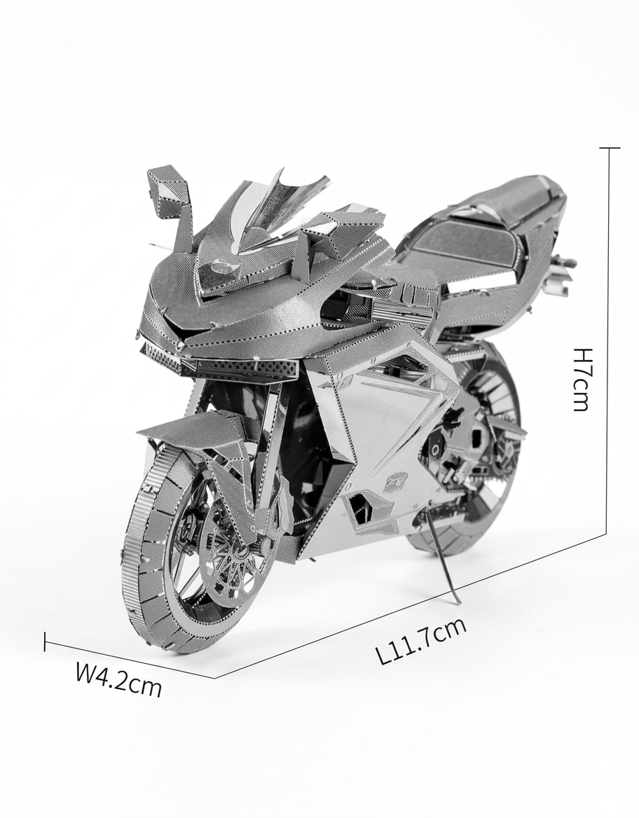 Assembled Piececool motorcycle dimensions: 11.7 cm length, 4.2 cm width, and 7 cm height
