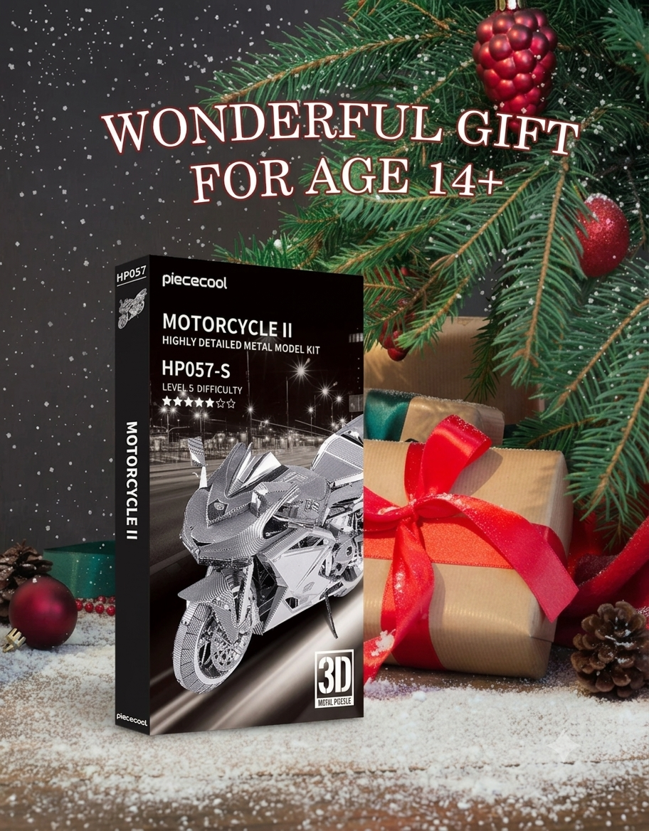 Piececool Motorcycle II HP057-S model kit box packaging presented as a holiday gift for ages 14+
