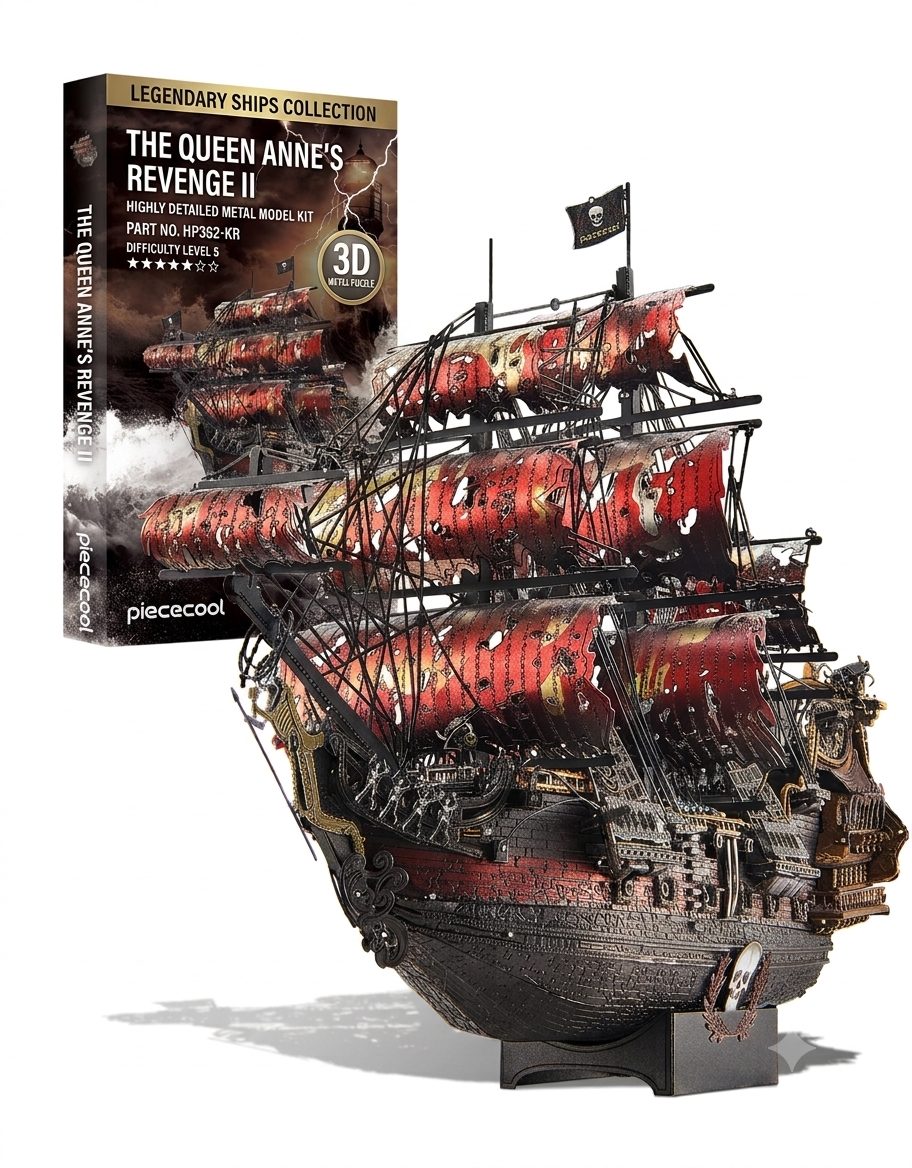 Piececool Queen Anne's Revenge II 3D metal model kit shown alongside the Legendary Ships Collection retail box.