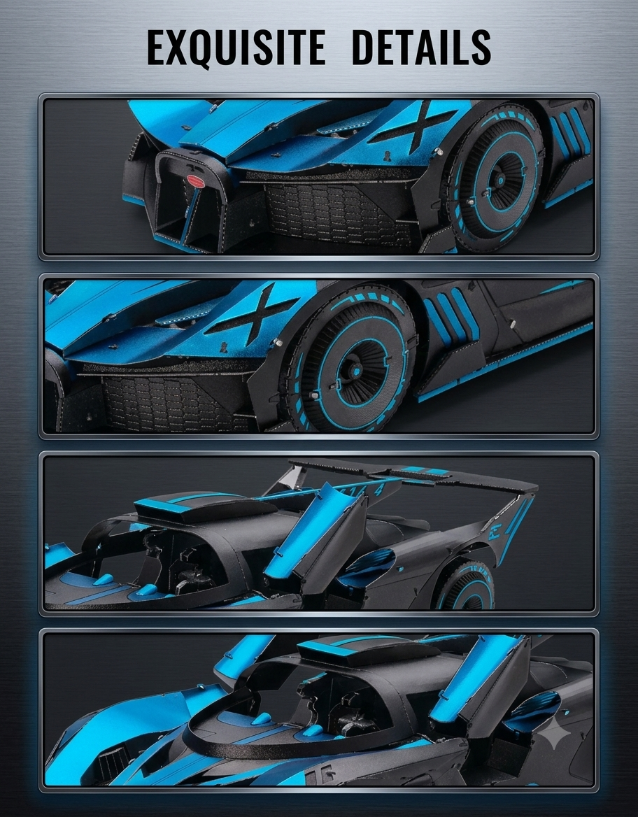 Close-up detail views showing the front splitter, aero wheels, cockpit, and spoiler of the 3D metal puzzle supercar