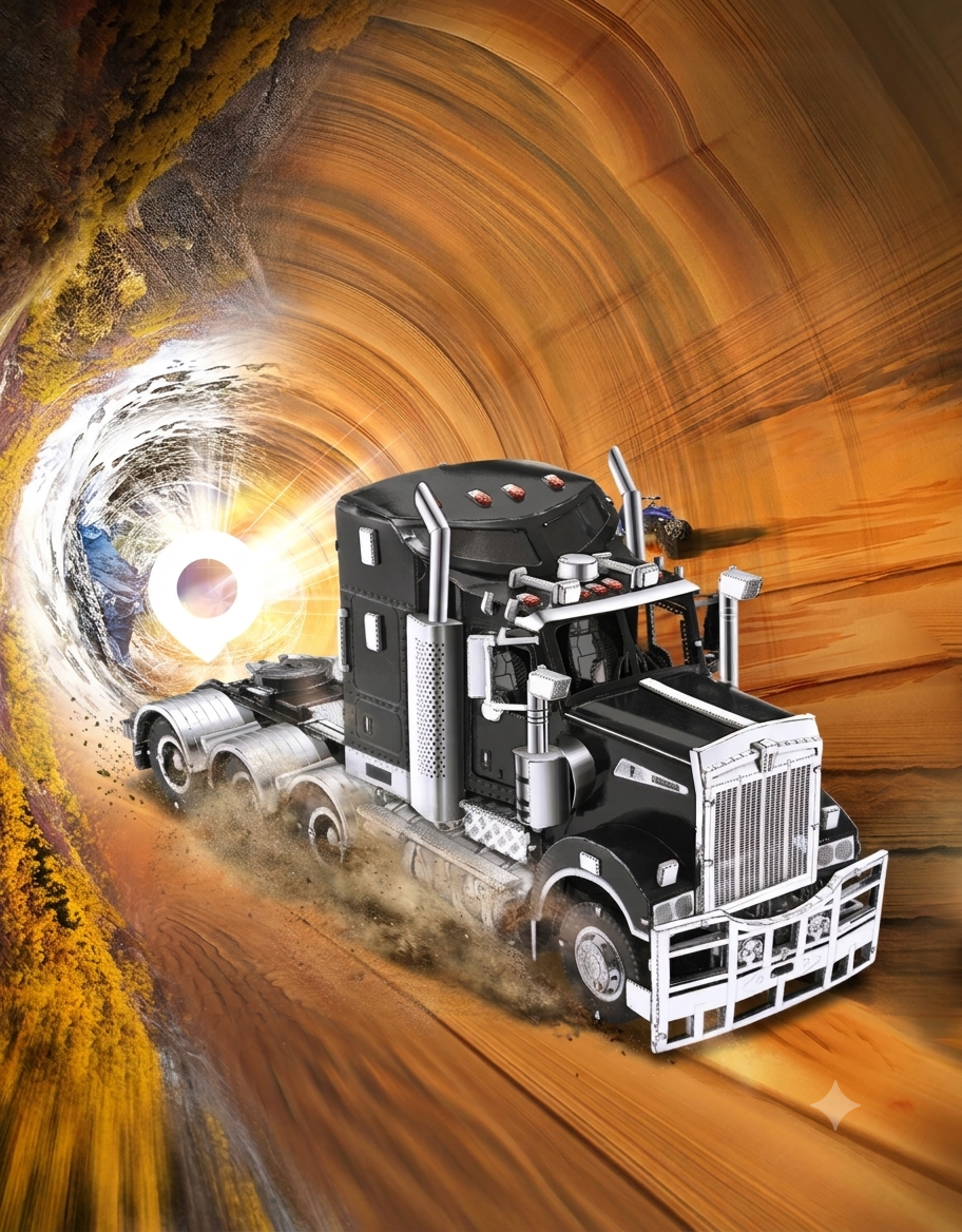 Piececool Trucks T909 3D metal model semi-truck rendered in a dynamic canyon backdrop.