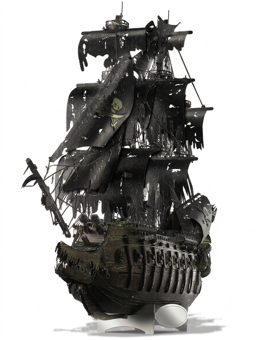 Piececool The Flying Dutchman 3D metal model kit fully assembled on display stand.
