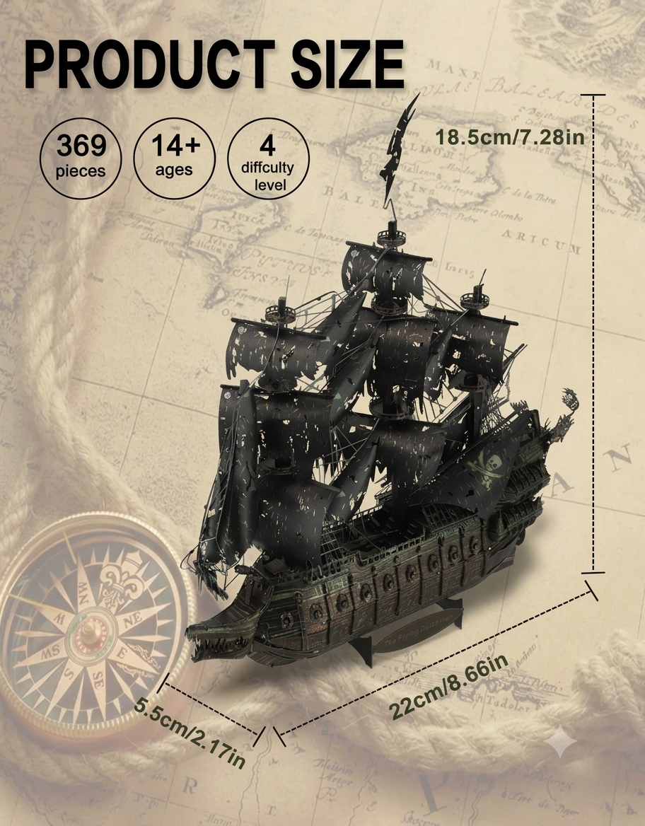 Product dimensions infographic for Piececool Flying Dutchman metal puzzle displaying 369 pieces, level 4 difficulty, and 22cm length.