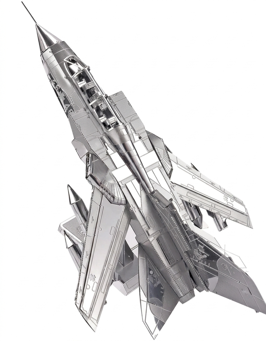 Fully assembled silver stainless steel Piececool Tornado fighter jet 3D metal puzzle model on display stand.