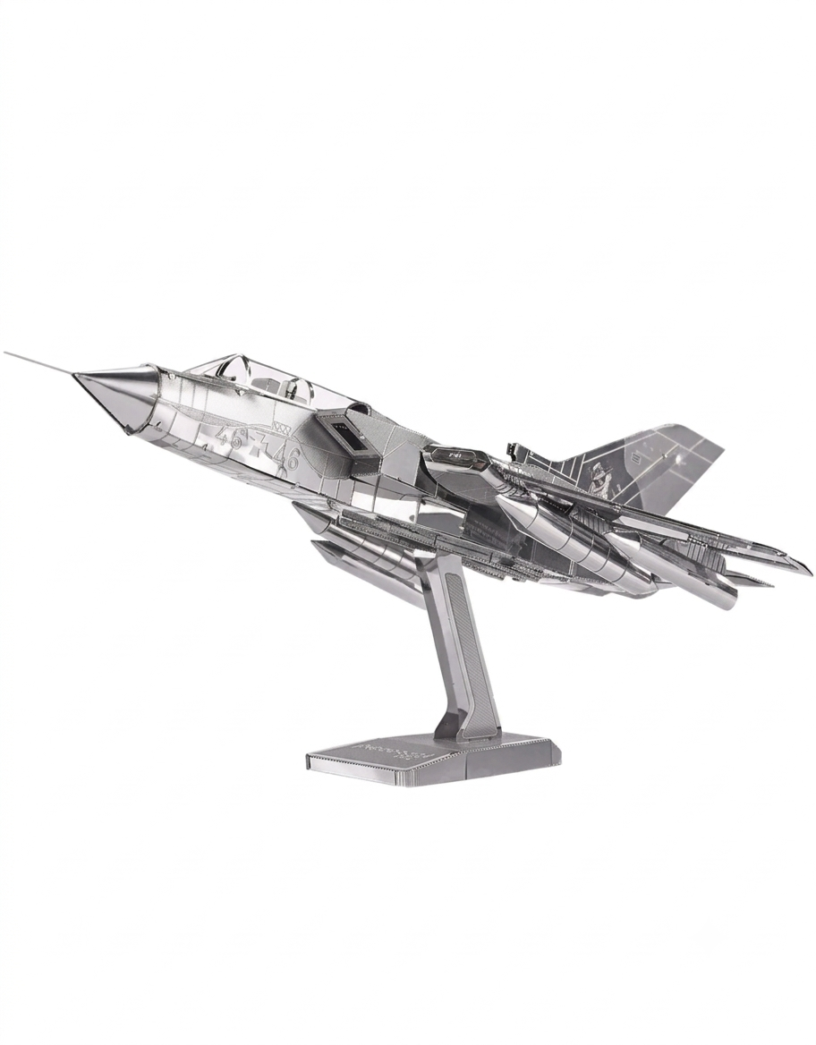 Side angle view of the detailed silver Tornado military aircraft 3D metal puzzle kit mounted on stand.