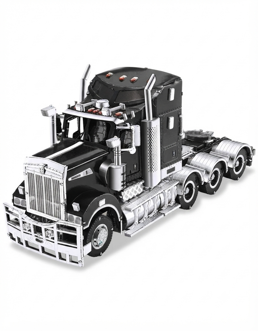 Assembled Piececool Trucks T909 3D metal puzzle model in black and polished chrome.