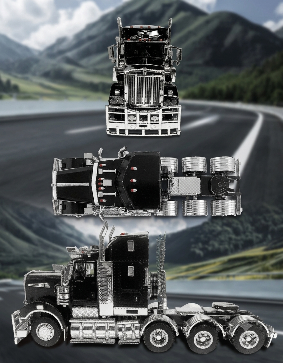 Front, overhead, and side profile views of the completed Piececool Trucks T909 metal model kit.