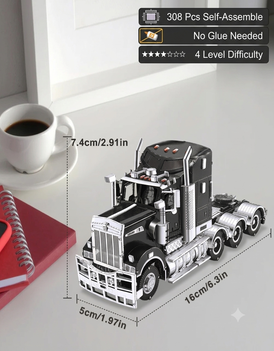Piececool Trucks T909 product dimensions infographic showing 16cm length, 308 pieces, and difficulty level.