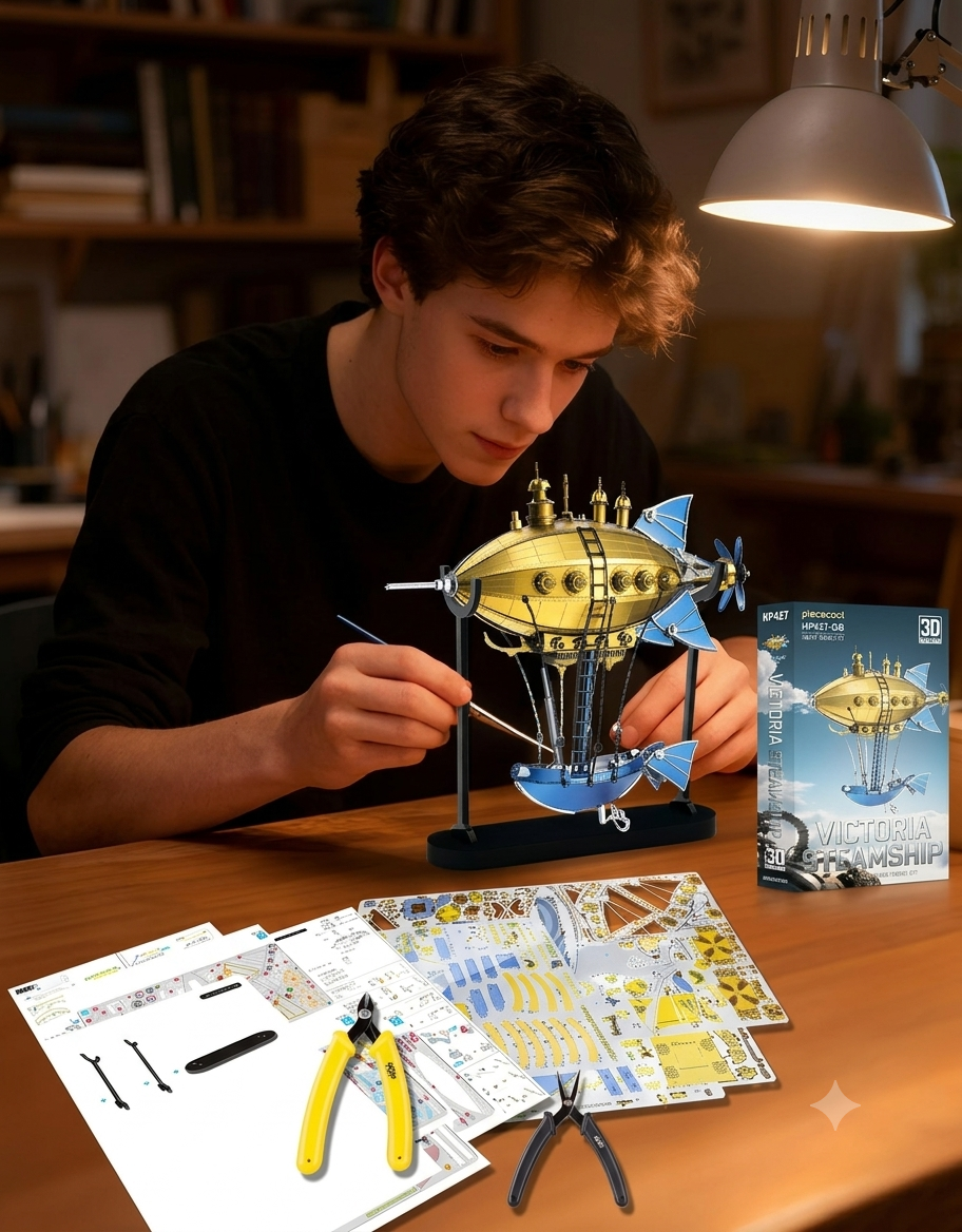 Hobbyist assembling the Piececool Victoria Steamship 3D metal puzzle using precision tools and metal sheets at desk