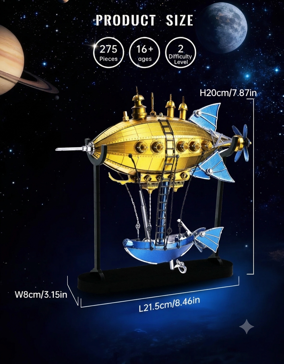 Piececool Victoria Steamship dimensions diagram showing 21.5cm length, 20cm height, 275 pieces, and difficulty level 2