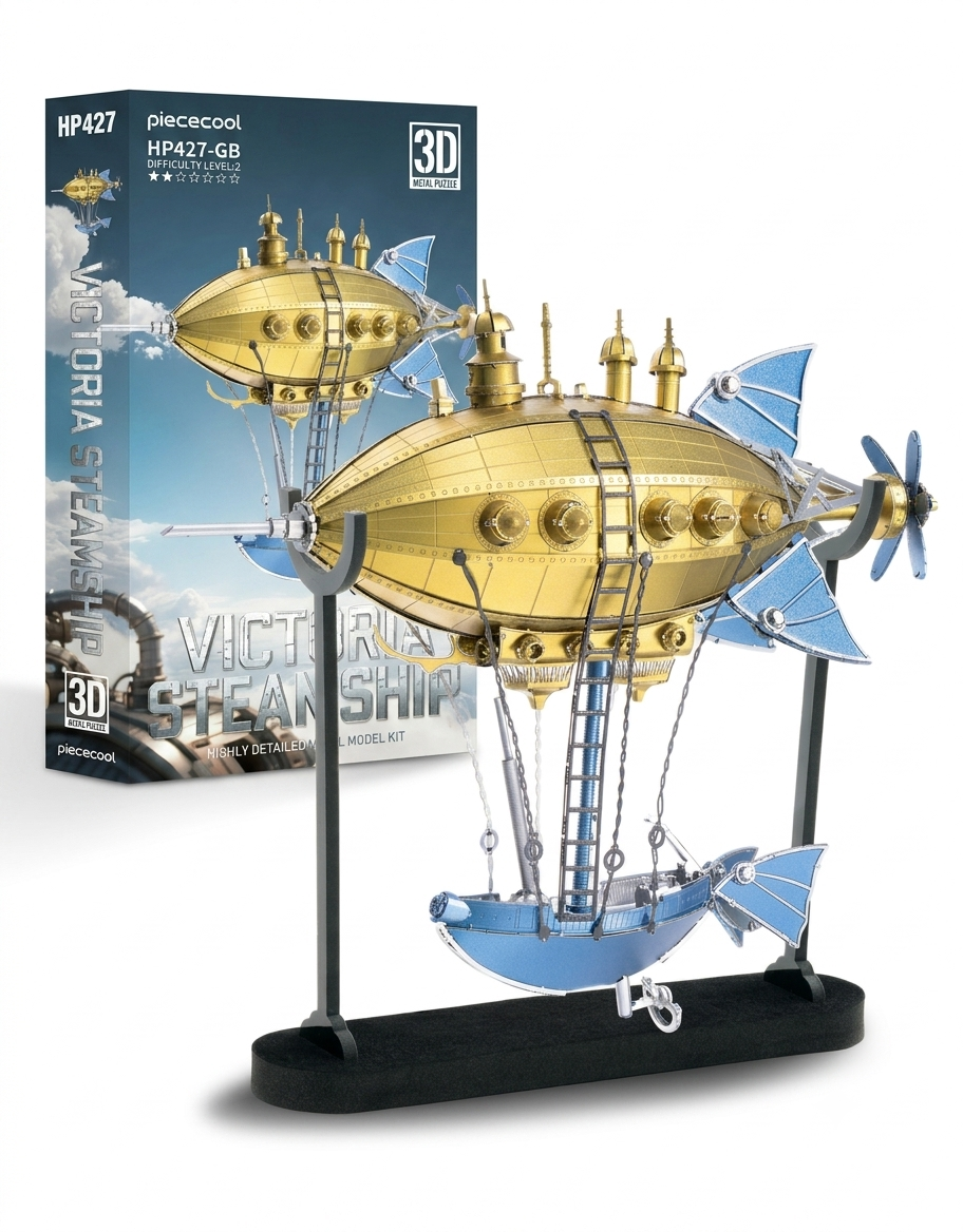 Piececool Victoria Steamship HP427-GB 3D metal model kit displayed next to retail packaging box