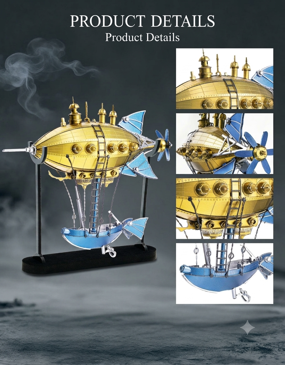 Close-up details of the brass finish, engraved steam domes, and propeller mechanism on Piececool Victoria Steamship model