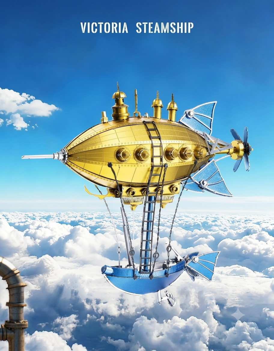 Piececool Victoria Steamship steampunk metal airship model floating above clouds in a blue sky