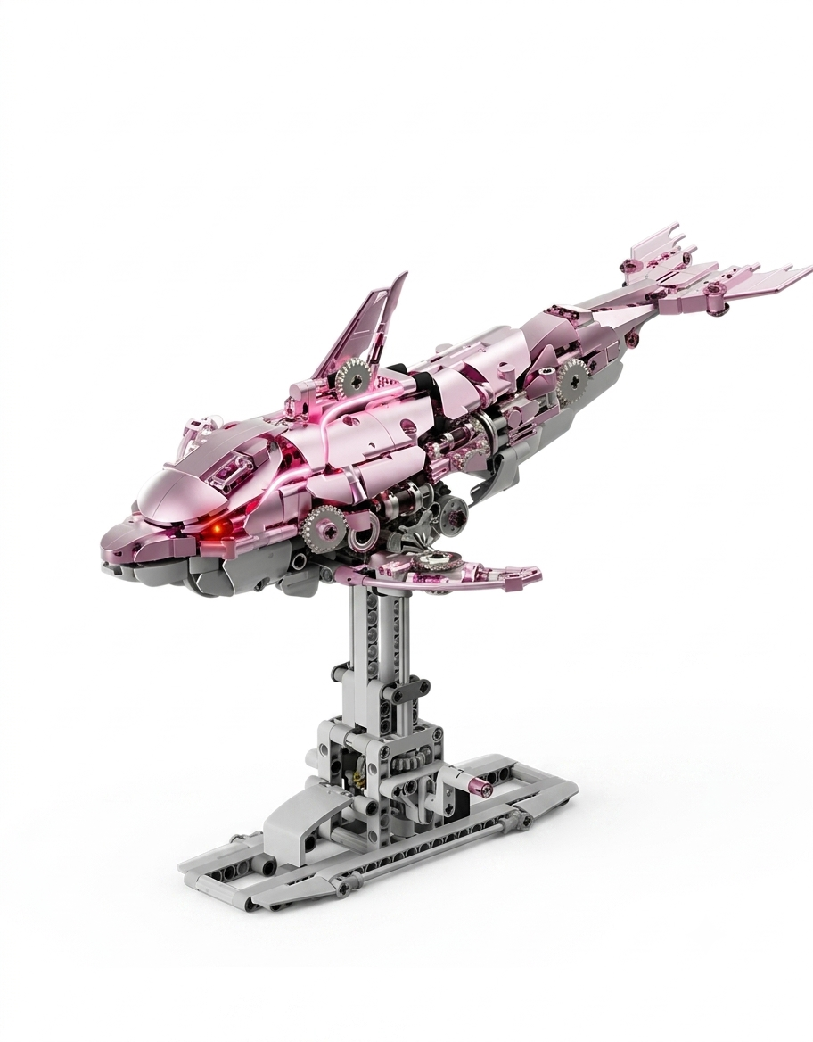 Metallic pink mechanical dolphin building block model with visible gears on an articulated display stand.