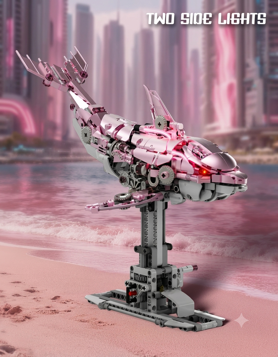Illuminated pink mechanical cyber dolphin brick model showcasing built-in two side glowing lights on a display mount.