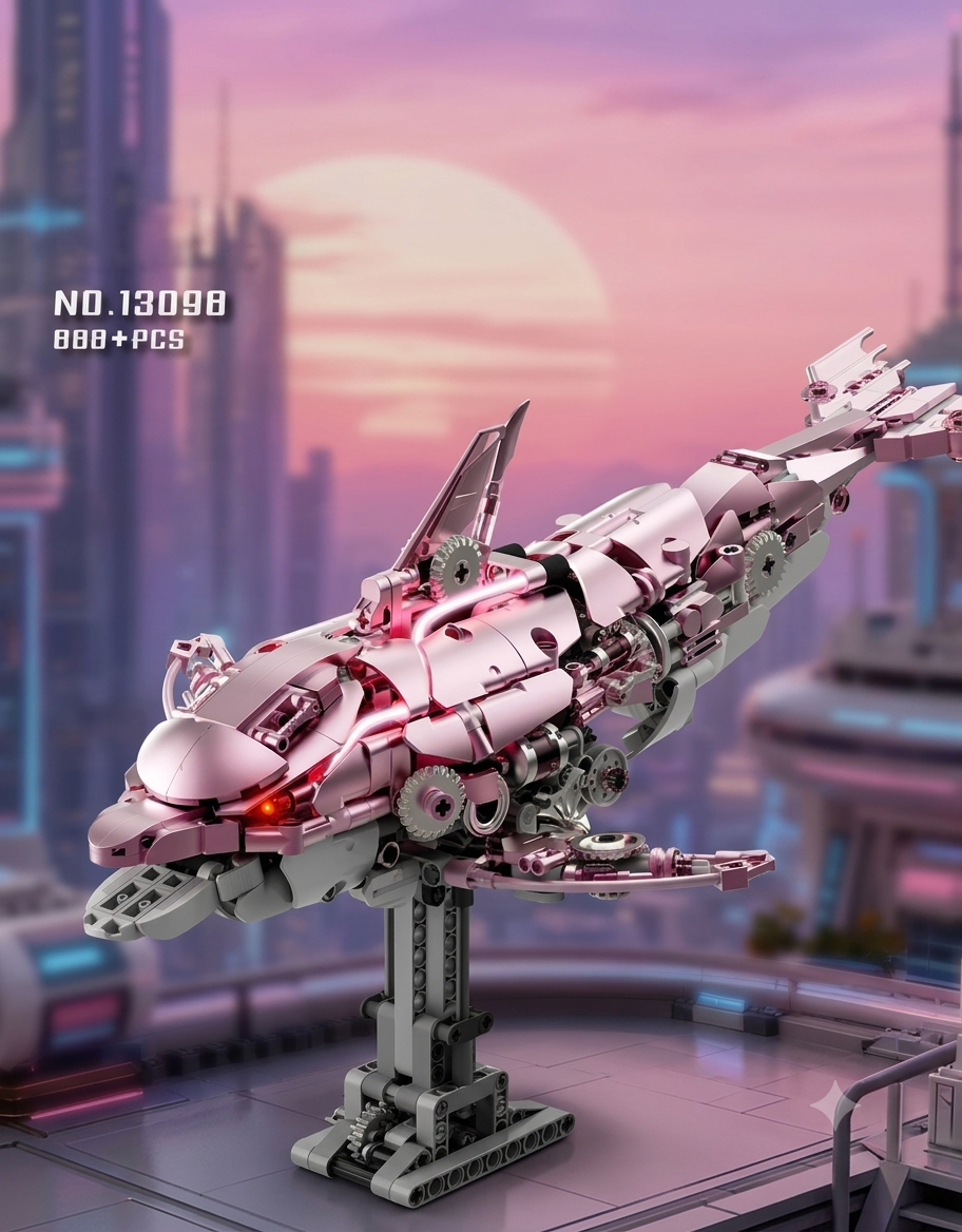 Cyberpunk pink mechanical dolphin building block set model 13098 with 888 pieces on a display stand against a futuristic skyline