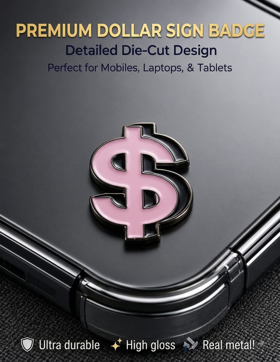 Glossy pink enamel dollar sign metal badge sticker applied to the back of a smartphone case