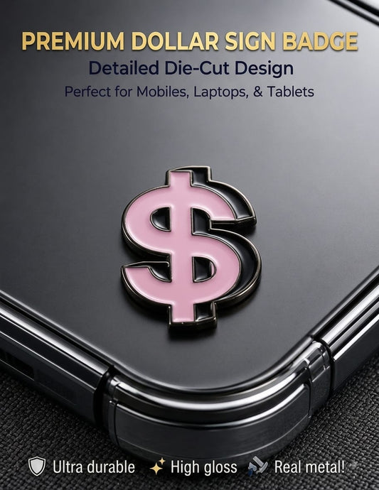 Glossy pink enamel dollar sign metal badge sticker applied to the back of a smartphone case
