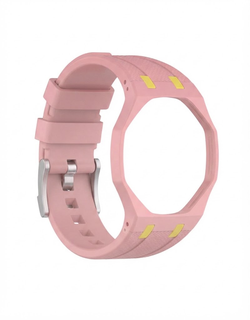 Matching pink silicone convertible wrist strap adapter with pin buckle for octagonal bioceramic watch