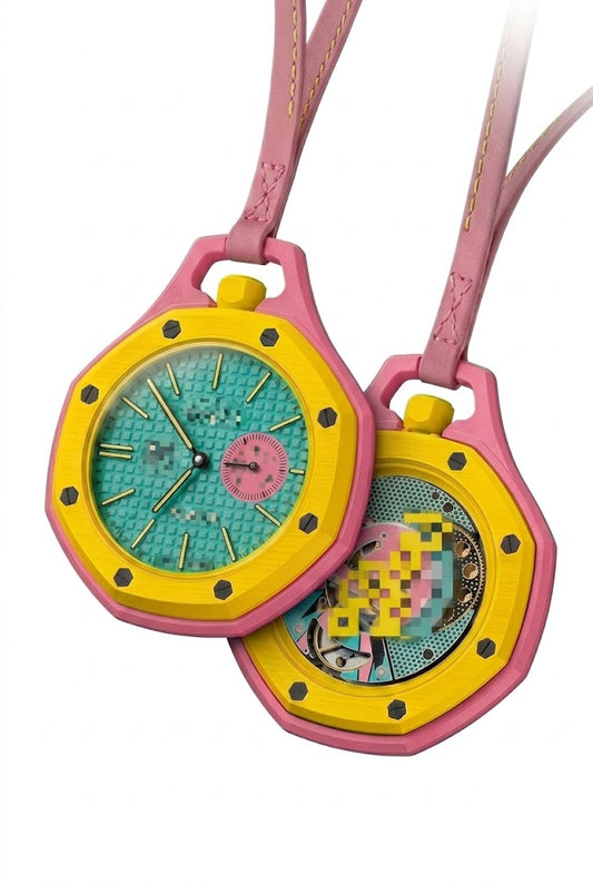Pink and yellow octagonal bioceramic pendant watch showing turquoise textured dial and exposed skeleton case back with neck lanyard