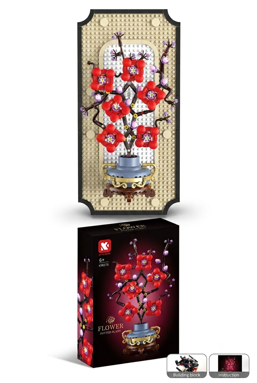 Retail packaging box, building brick pieces, and manual for the red plum blossom flower potted plant brick set.