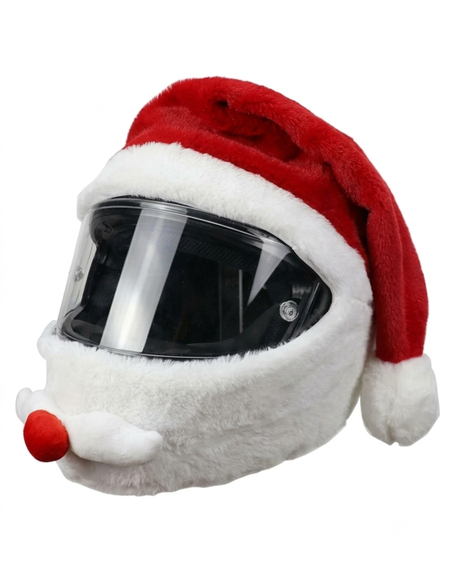 Side profile angle of soft plush Santa Christmas hat cover fitted over a full-face motorcycle helmet in Lebanon.