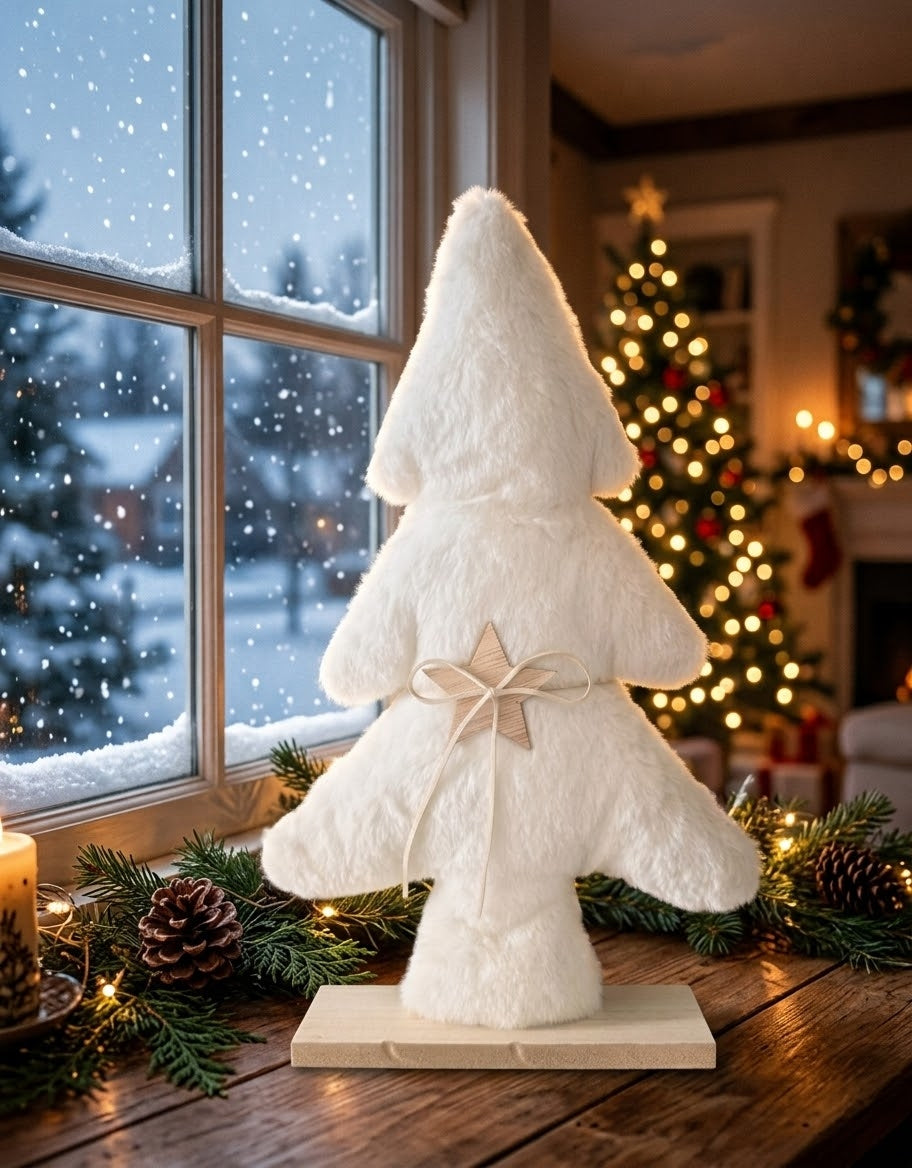 Cozy holiday living room display showing a plush white fabric Christmas tree on a wooden stand with illuminated tree bokeh and winter snow in the background.