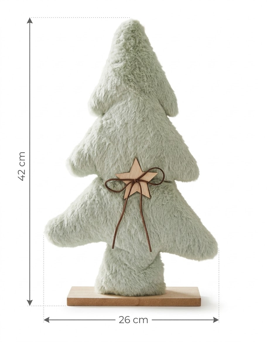 Product dimensions of the sage green plush Christmas tree standing decor, measuring 42 cm in height and 26 cm in width.