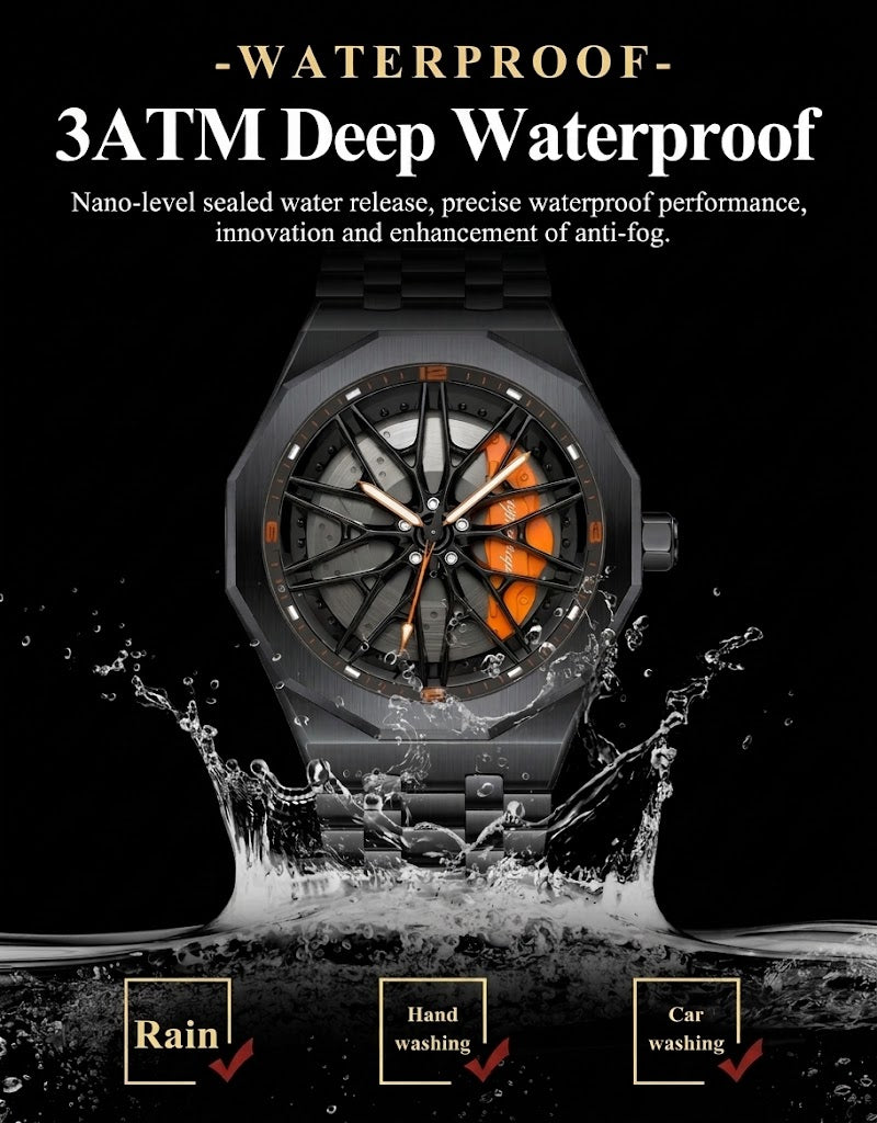 Poedagar car wheel rim sports watch showing 3ATM waterproof protection for rain, hand washing, and daily wear.