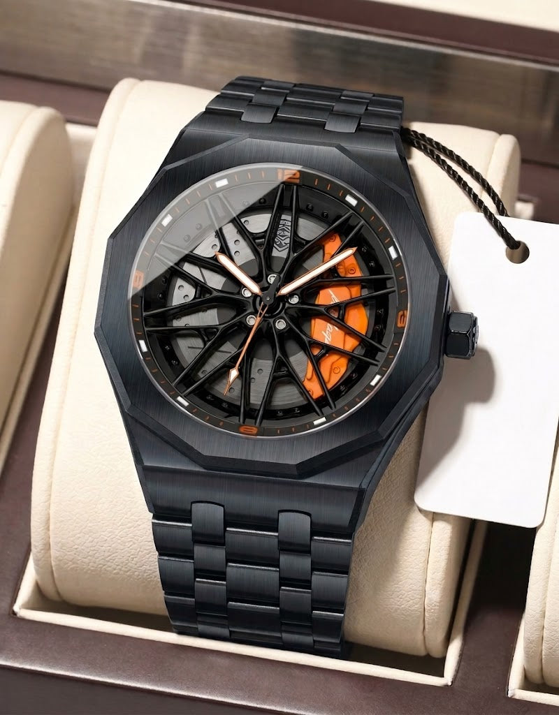 Black steel Poedagar automotive wristwatch with spinning wheel hub and vibrant orange brake caliper detail.