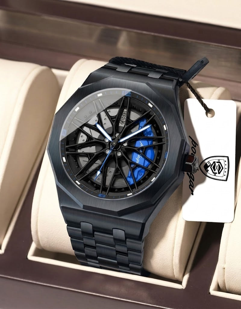 Poedagar octagonal black stainless steel watch featuring a 3D rotating car rim and electric blue brake caliper.