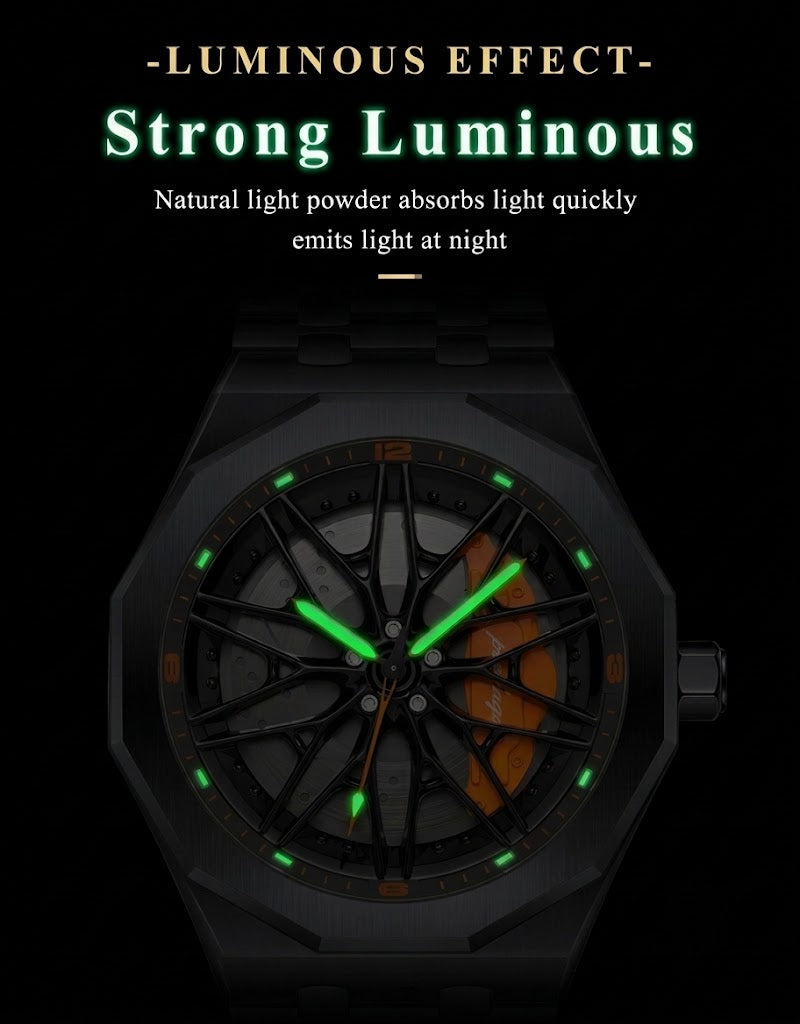 Strong green night luminous display showing glow-in-the-dark hands and hour markers on Poedagar car rim watch.