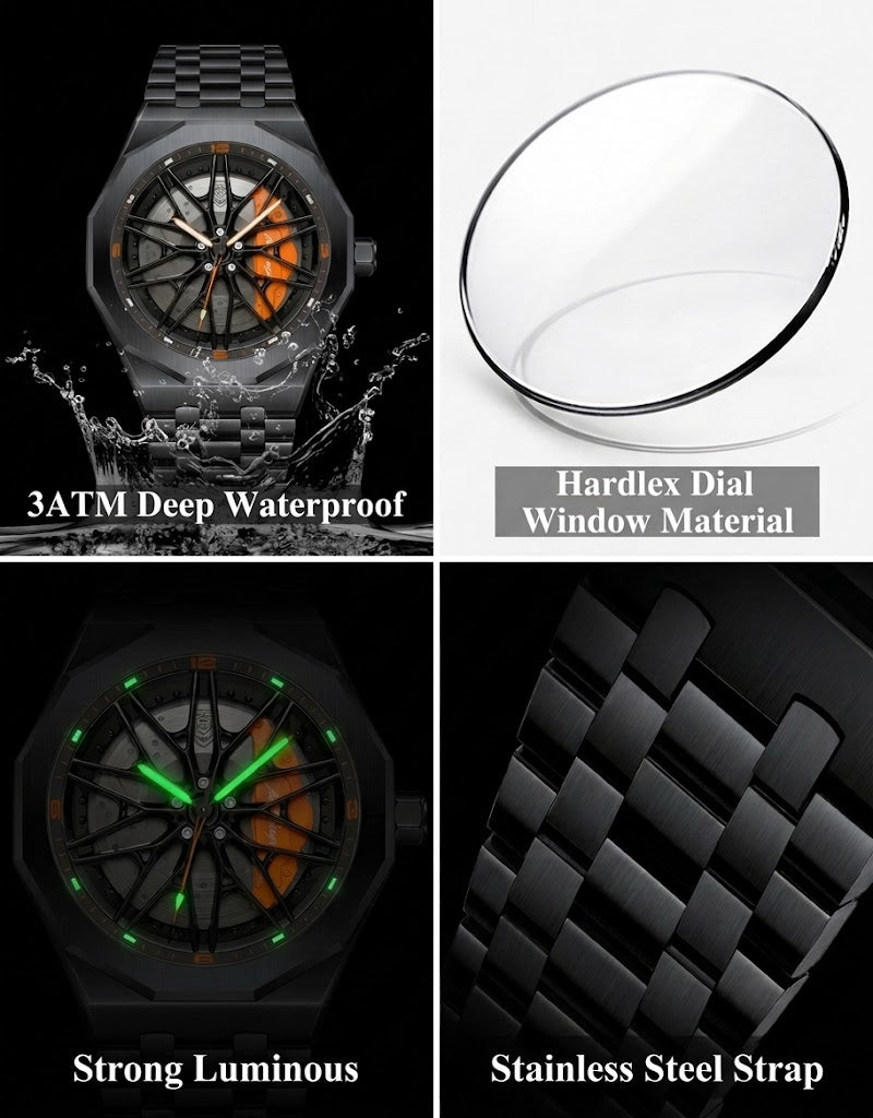 Specifications of Poedagar car rim watch: 3ATM waterproof, scratch-resistant Hardlex crystal, luminous glow dial, and steel strap.
