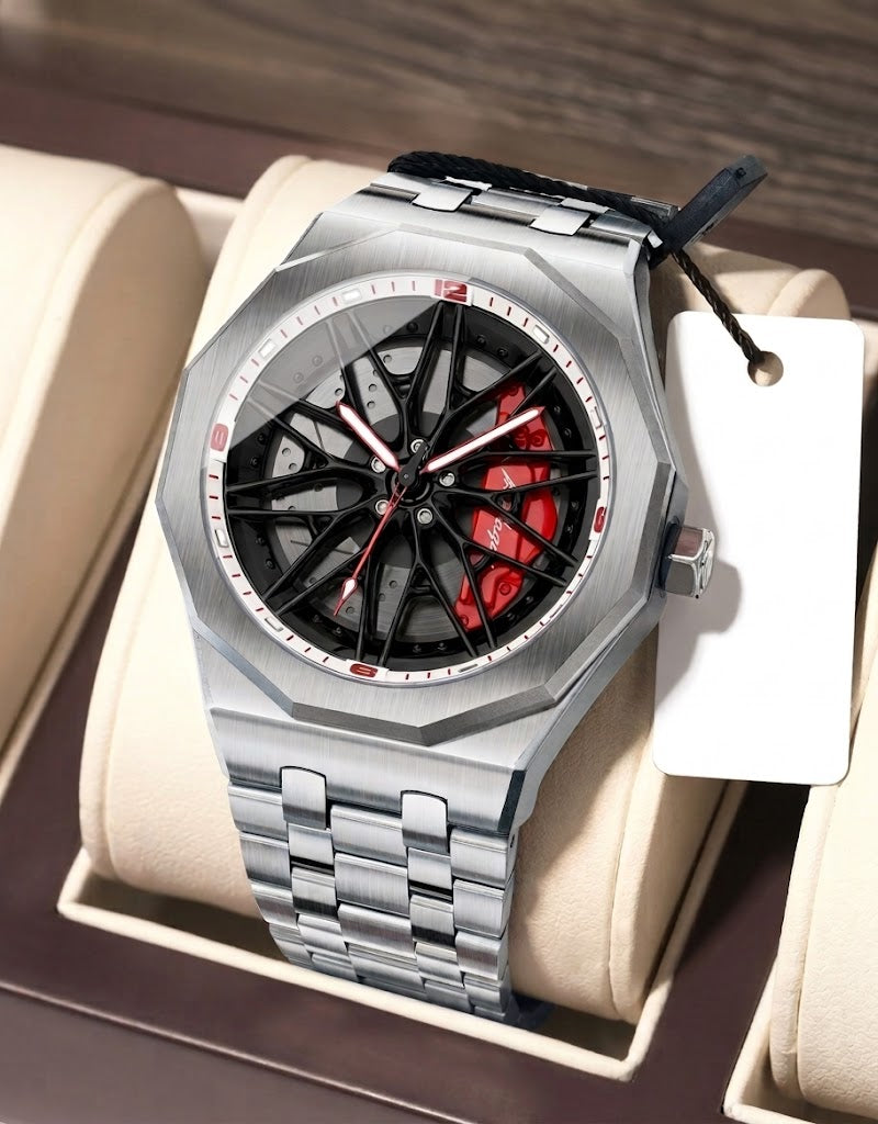 Silver stainless steel Poedagar sports watch with rotating 3D car wheel rim dial and red brake caliper.