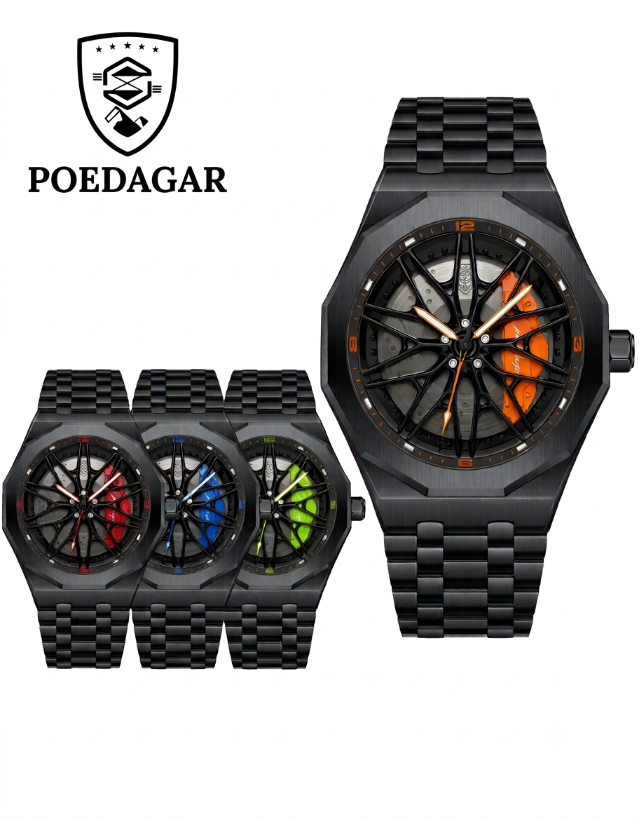 Poedagar spinning car wheel rim sports watch collection with black stainless steel strap and colored brake calipers in Lebanon.