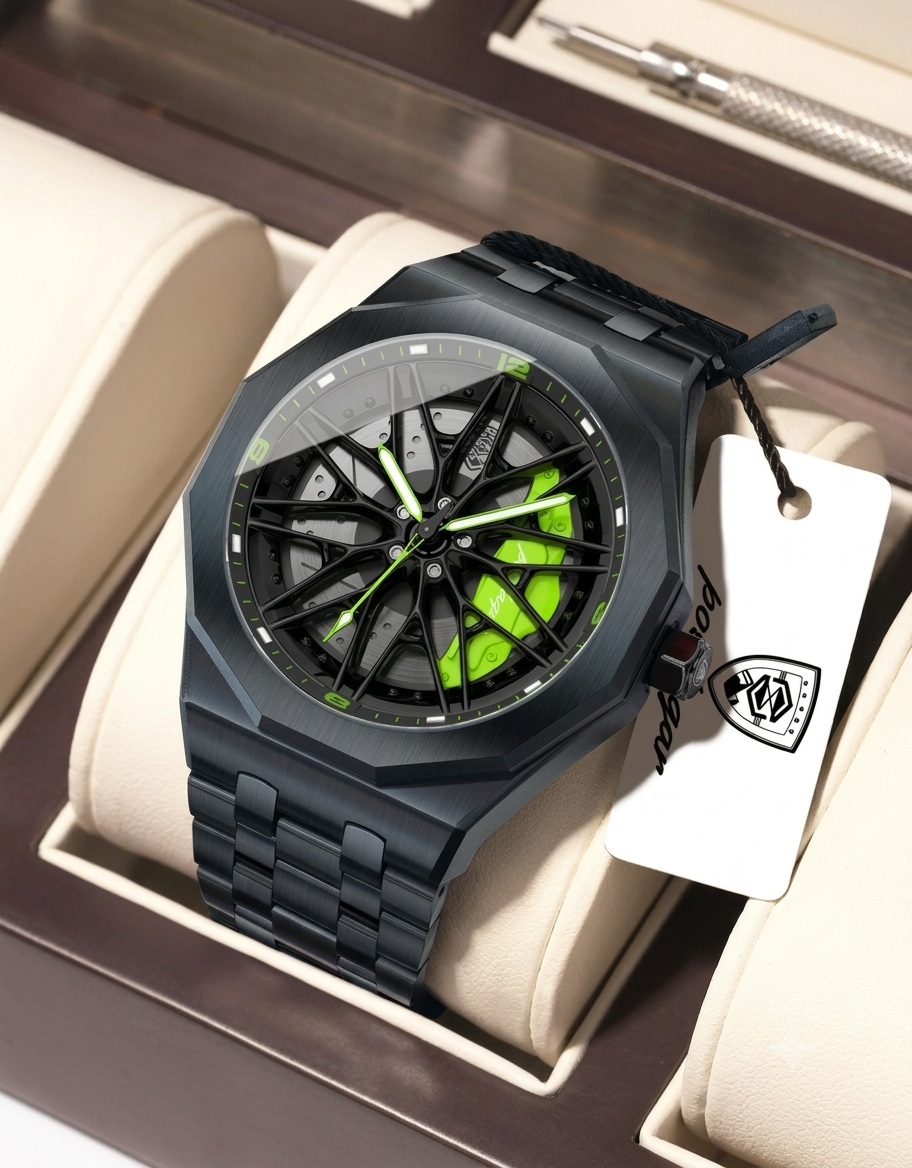 Close-up of Poedagar luxury sports quartz watch with spinning hollow rim dial and neon green racing brake caliper.