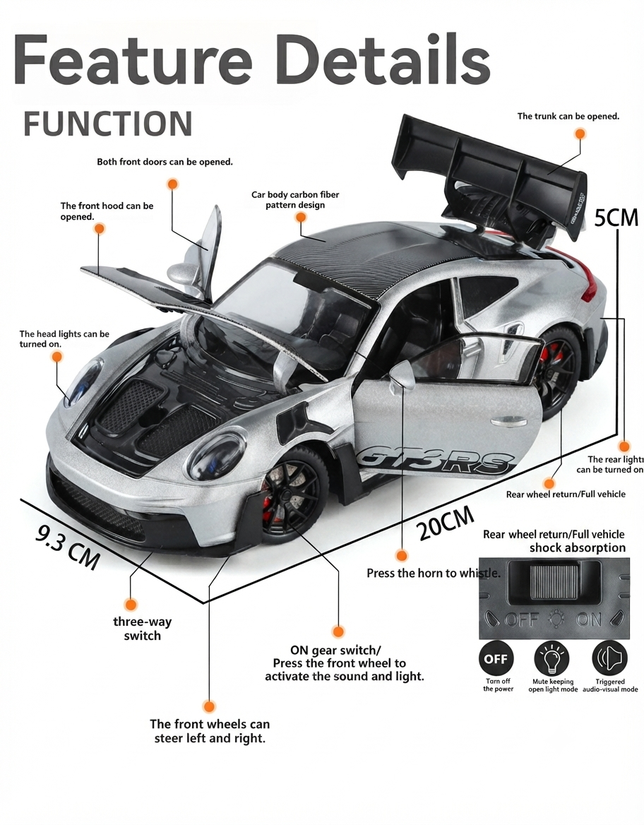 Interactive feature diagram of silver Porsche 911 GT3 RS diecast model highlighting steerable wheels, working lights, sound switch, and opening doors