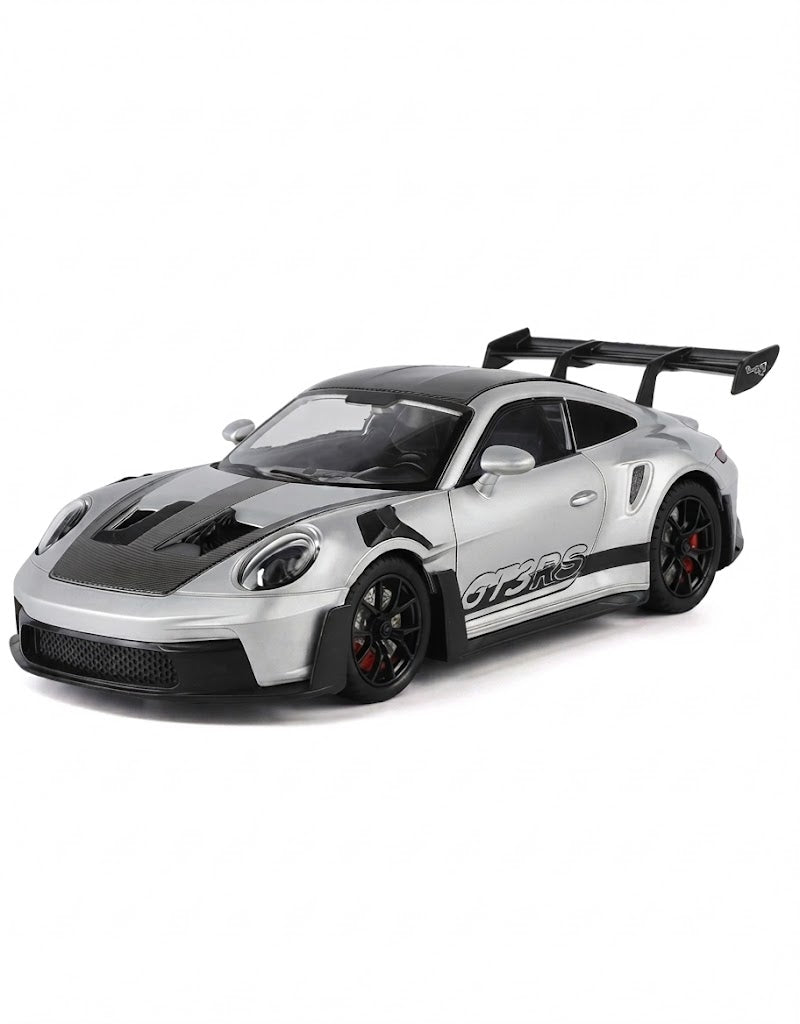 Side three-quarter view of silver Porsche 911 GT3 RS 1:24 scale collectible alloy diecast car on white background