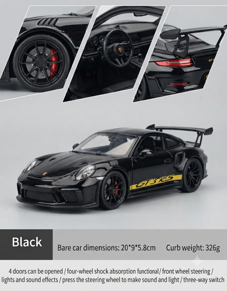 1:24 scale gloss black Porsche 911 GT3 RS diecast car with yellow side decals and close-ups of red calipers and dashboard