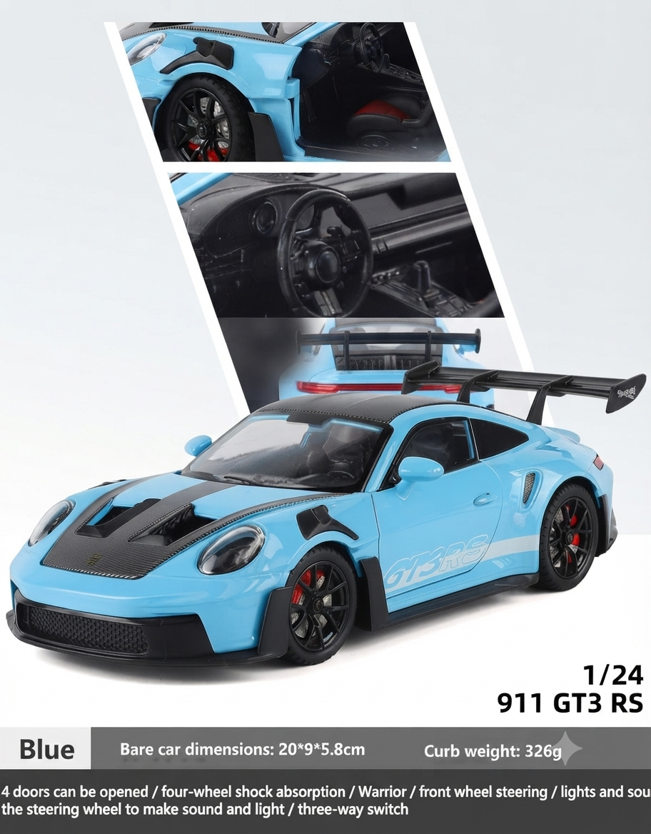1:24 scale light blue Porsche 911 GT3 RS alloy diecast model car with interior and wheel close-up details