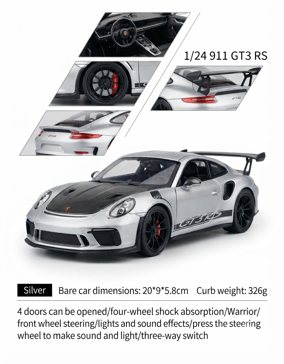 1:24 scale silver Porsche 911 GT3 RS diecast model car featuring detailed interior, brake discs, and rear wing spoiler