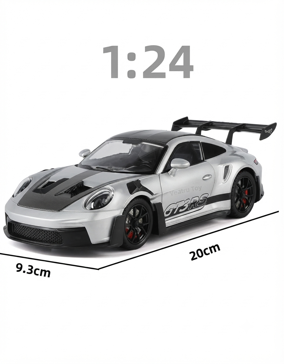 1:24 scale silver Porsche 911 GT3 RS diecast car showing physical dimensions of 20cm length and 9.3cm width