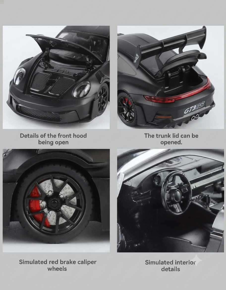 Close-up details of black Porsche 911 GT3 RS diecast model showing opening hood, trunk lid, red brake calipers, and cockpit interior