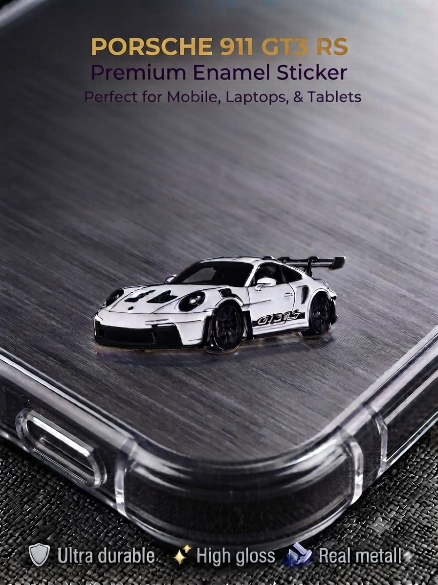 White Porsche 911 GT3 RS high-gloss metal enamel sticker applied to a clear phone case