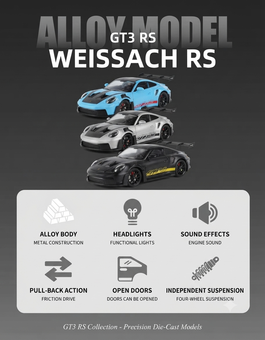 Porsche 911 GT3 RS Weissach alloy diecast car collection in blue, silver, and black with light and sound feature overview